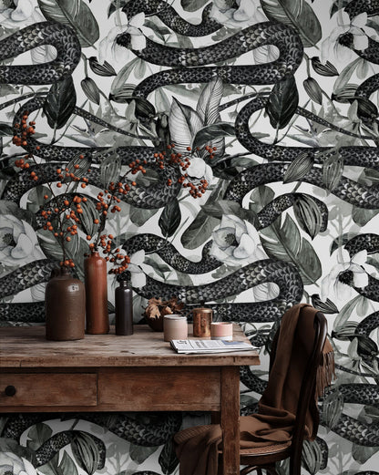 Monochrome Snake and Foliage Wallpaper