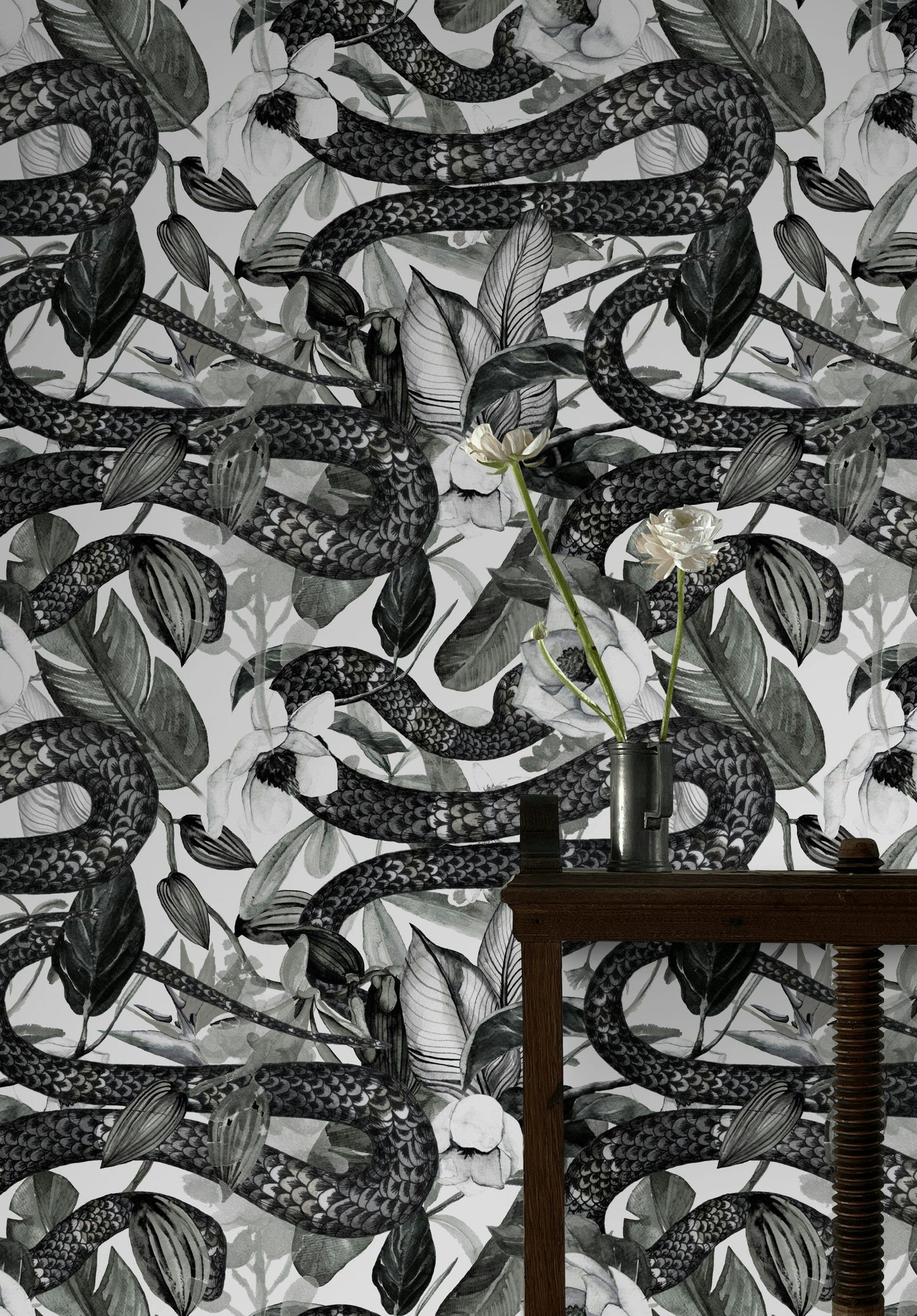 Snake Wallpaper Black And White Botanical Wall Mural