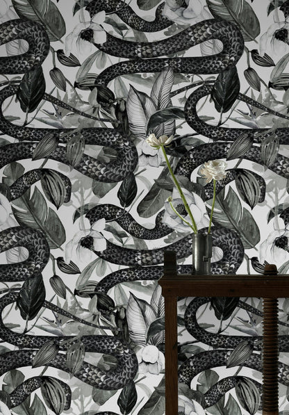 Monochrome Snake and Foliage Wallpaper