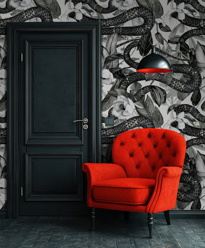 Monochrome Snake and Foliage Wallpaper