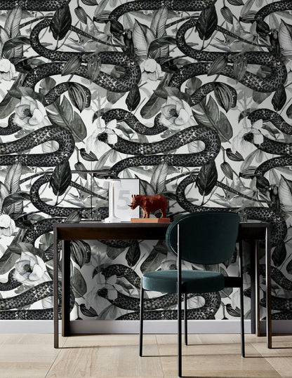 Monochrome Snake and Foliage Wallpaper