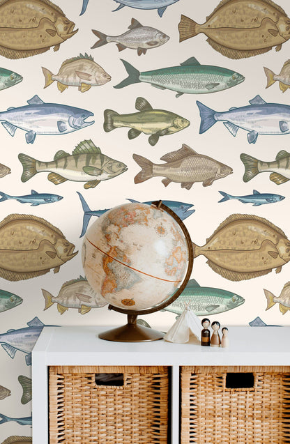 Cream Multicolor Fish Pattern Wallpaper