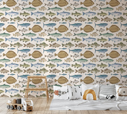 Cream Multicolor Fish Pattern Wallpaper