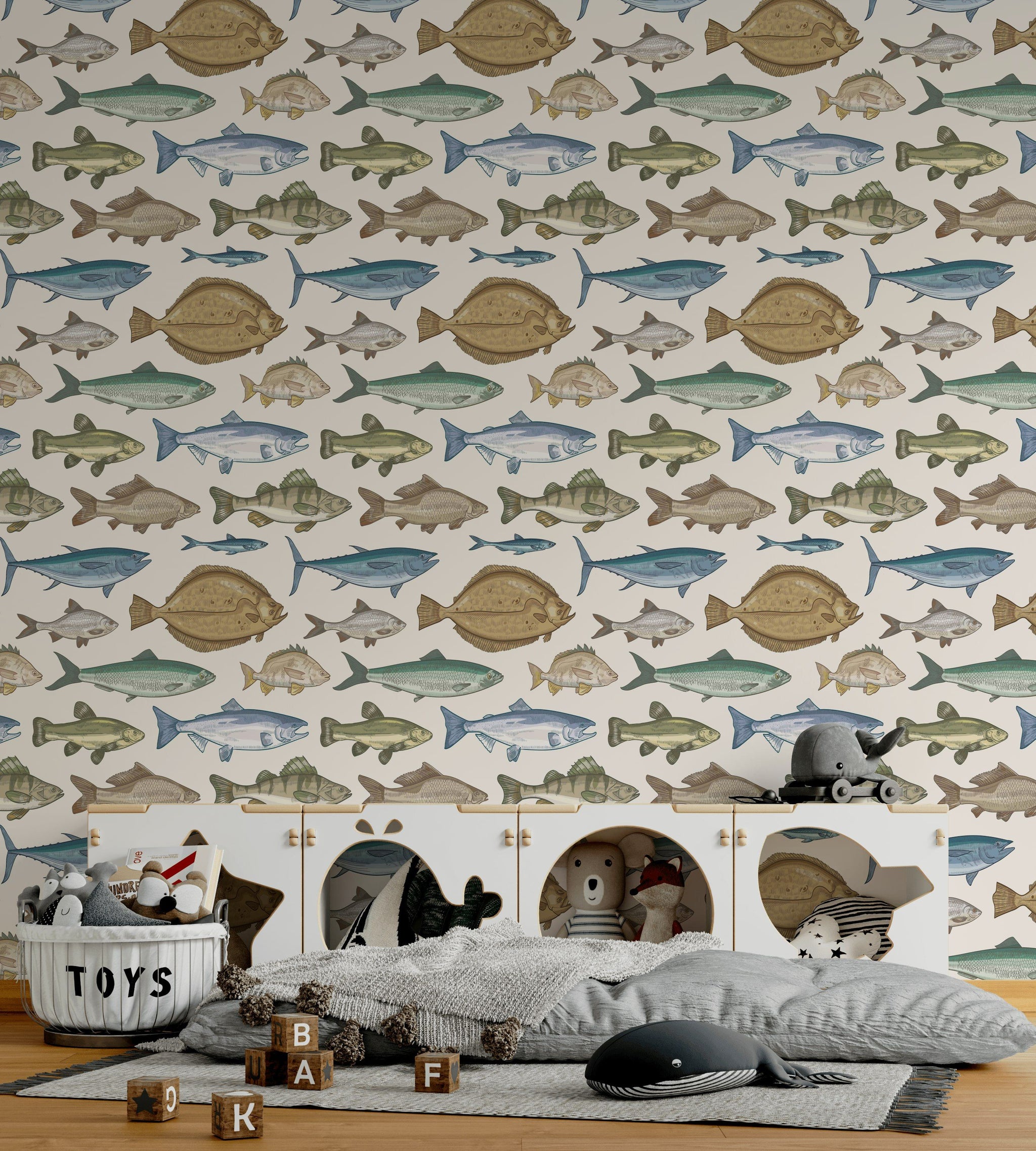 Cream Multicolor Fish Pattern Wallpaper