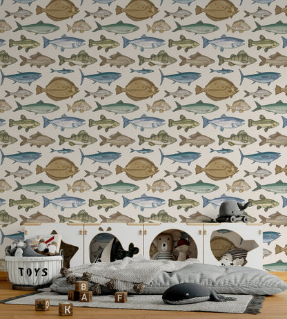 Cream Multicolor Fish Pattern Wallpaper