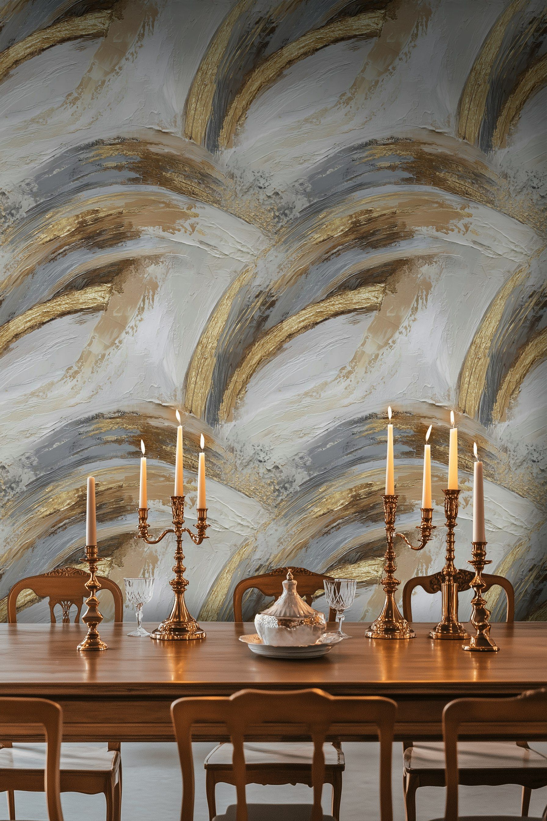 Gray and Gold Look Abstract Brushstroke Wallpaper