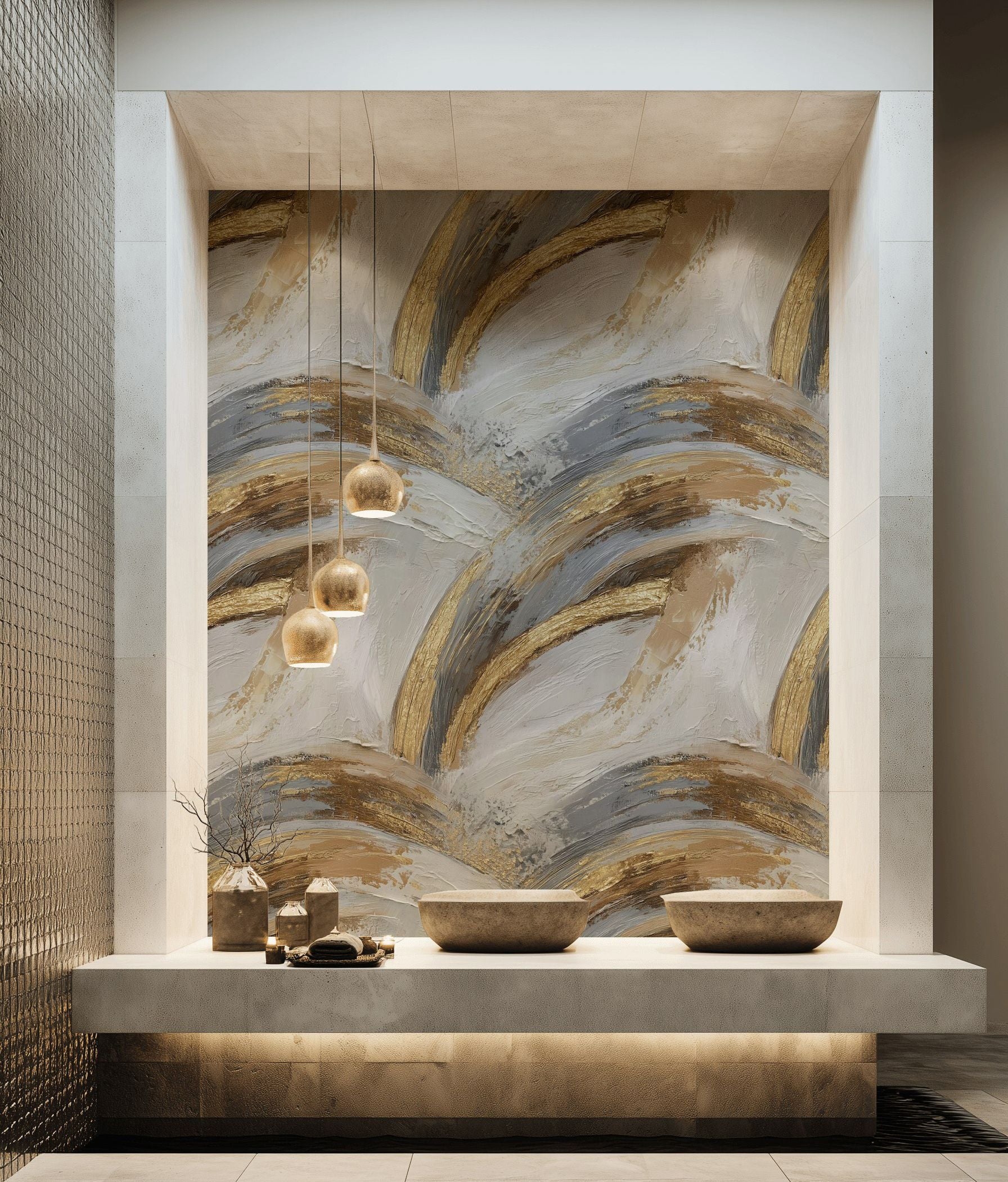 Gray and Gold Look Abstract Brushstroke Wallpaper