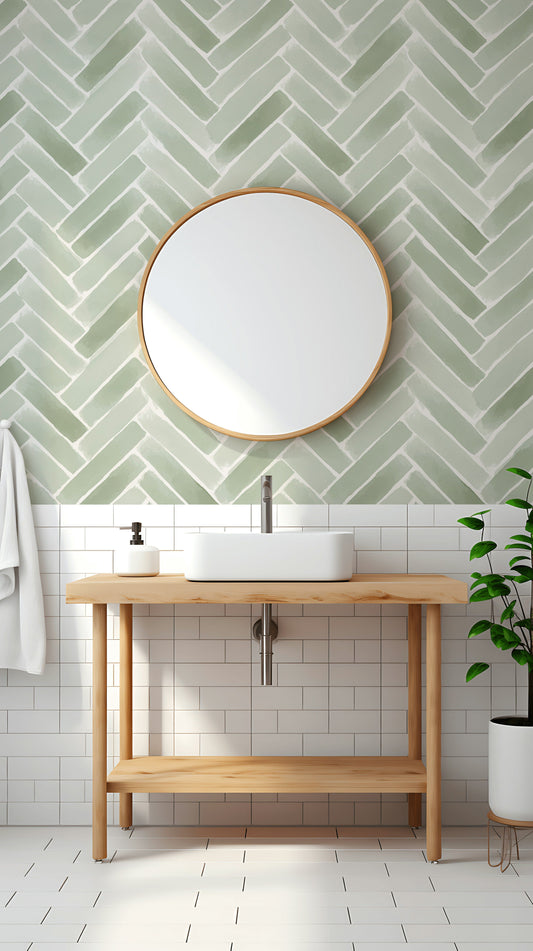 Sage Green Herringbone Wallpaper Faux Tile Watercolor Pattern