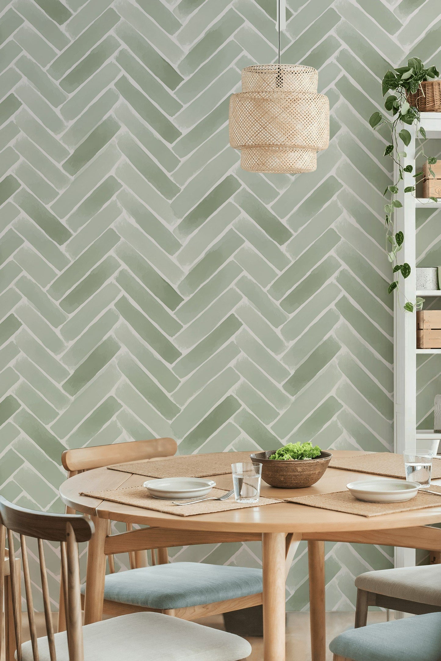 Sage Green Herringbone Wallpaper Faux Tile Watercolor Pattern