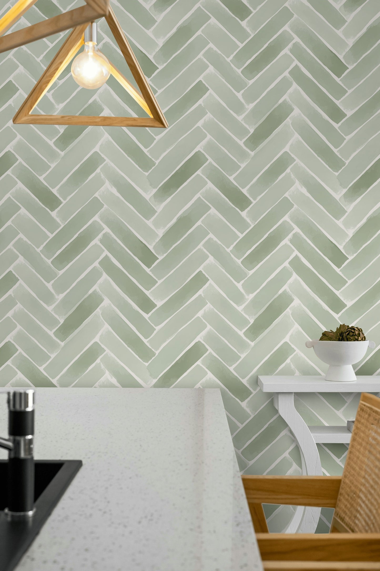 Sage Green Herringbone Wallpaper Faux Tile Watercolor Pattern
