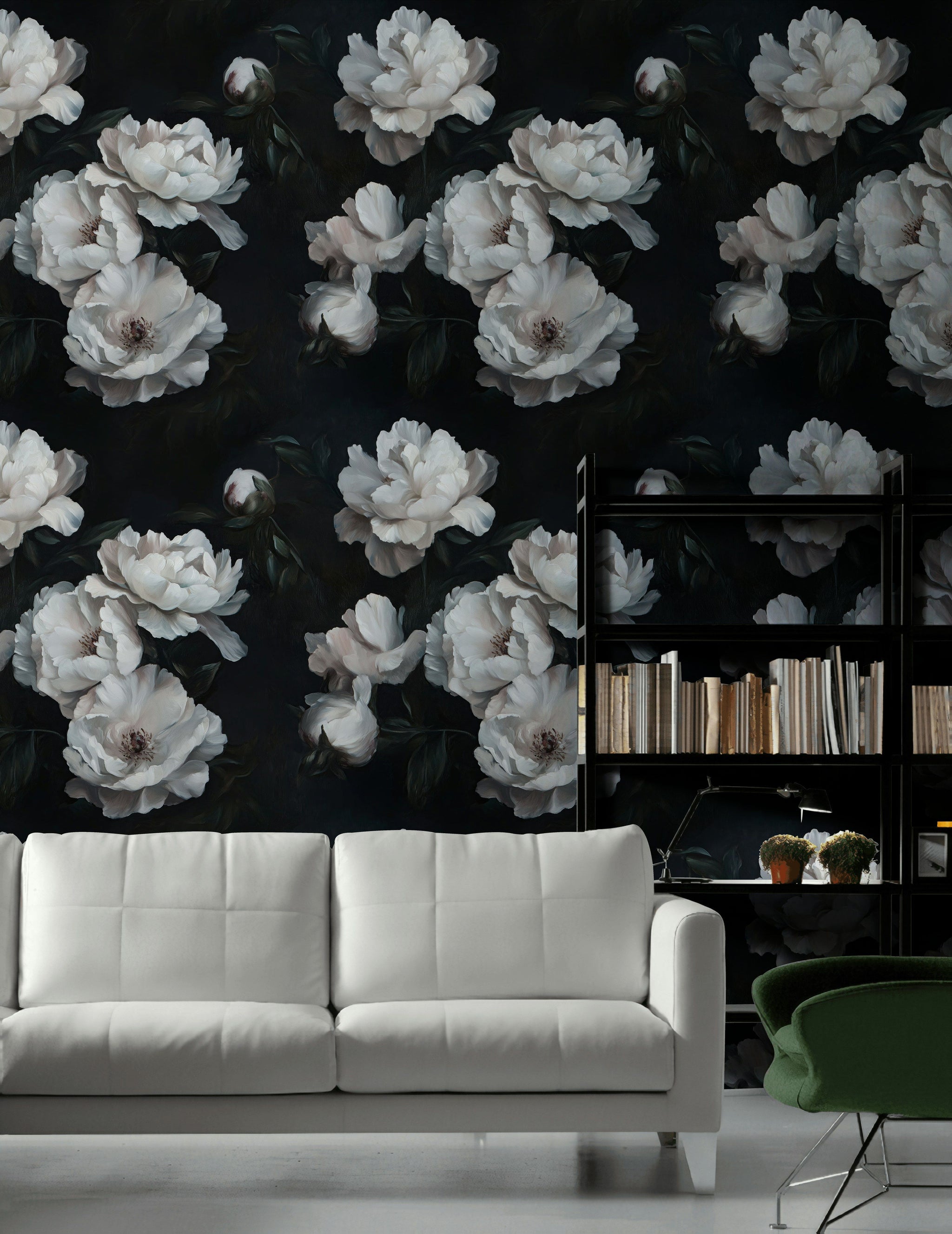 Ivory Peony Elegance on Deep Charcoal Wallpaper