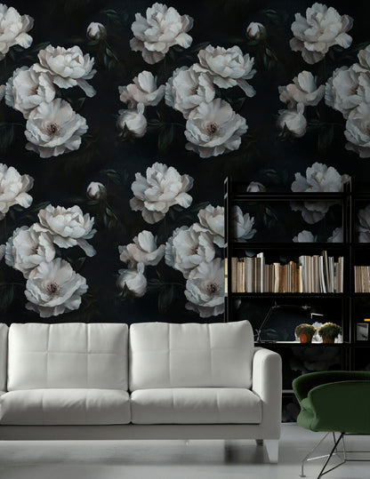 Ivory Peony Elegance on Deep Charcoal Wallpaper