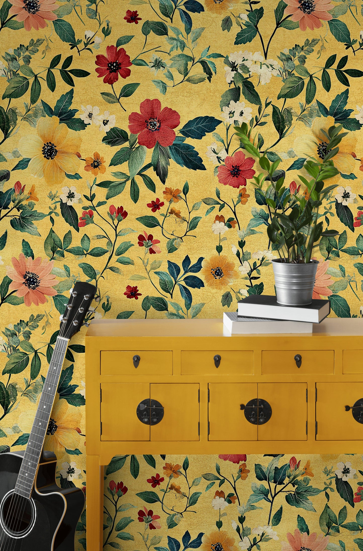 Floral Wallpaper Yellow Botanical Wall Mural