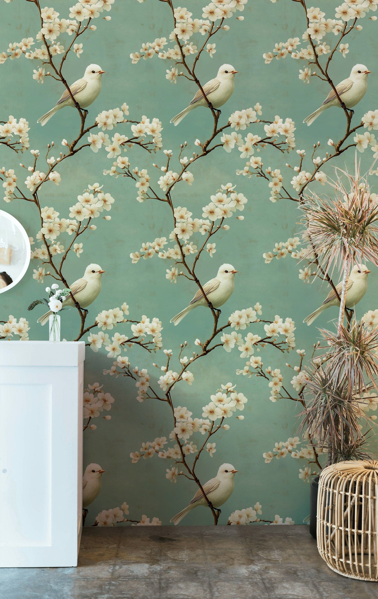 White Bird Wallpaper Blossom Floral Wall Mural