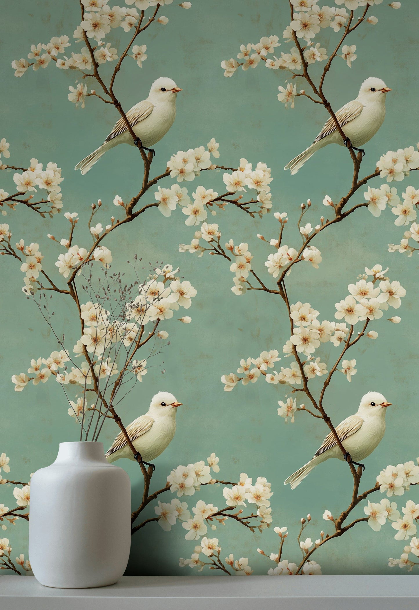 White Bird Wallpaper Blossom Floral Wall Mural