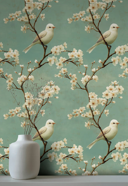 Mint Green Cherry Blossom and Bird Wallpaper