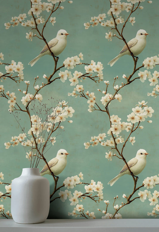 White Bird Wallpaper Blossom Floral Wall Mural