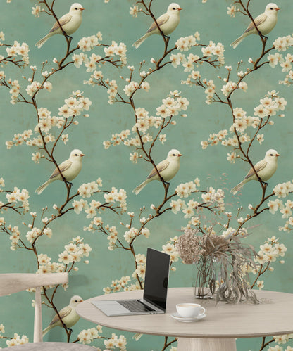 Mint Green Cherry Blossom and Bird Wallpaper