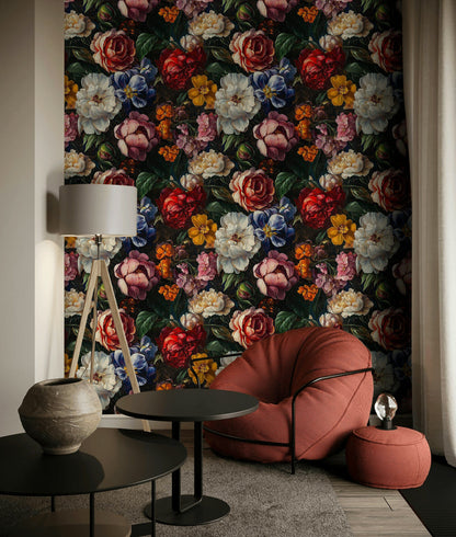Dark Multicolor Large Floral Wallpaper