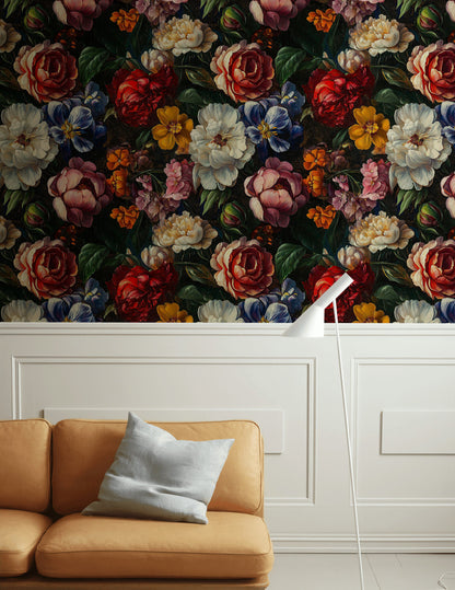 Dark Multicolor Large Floral Wallpaper