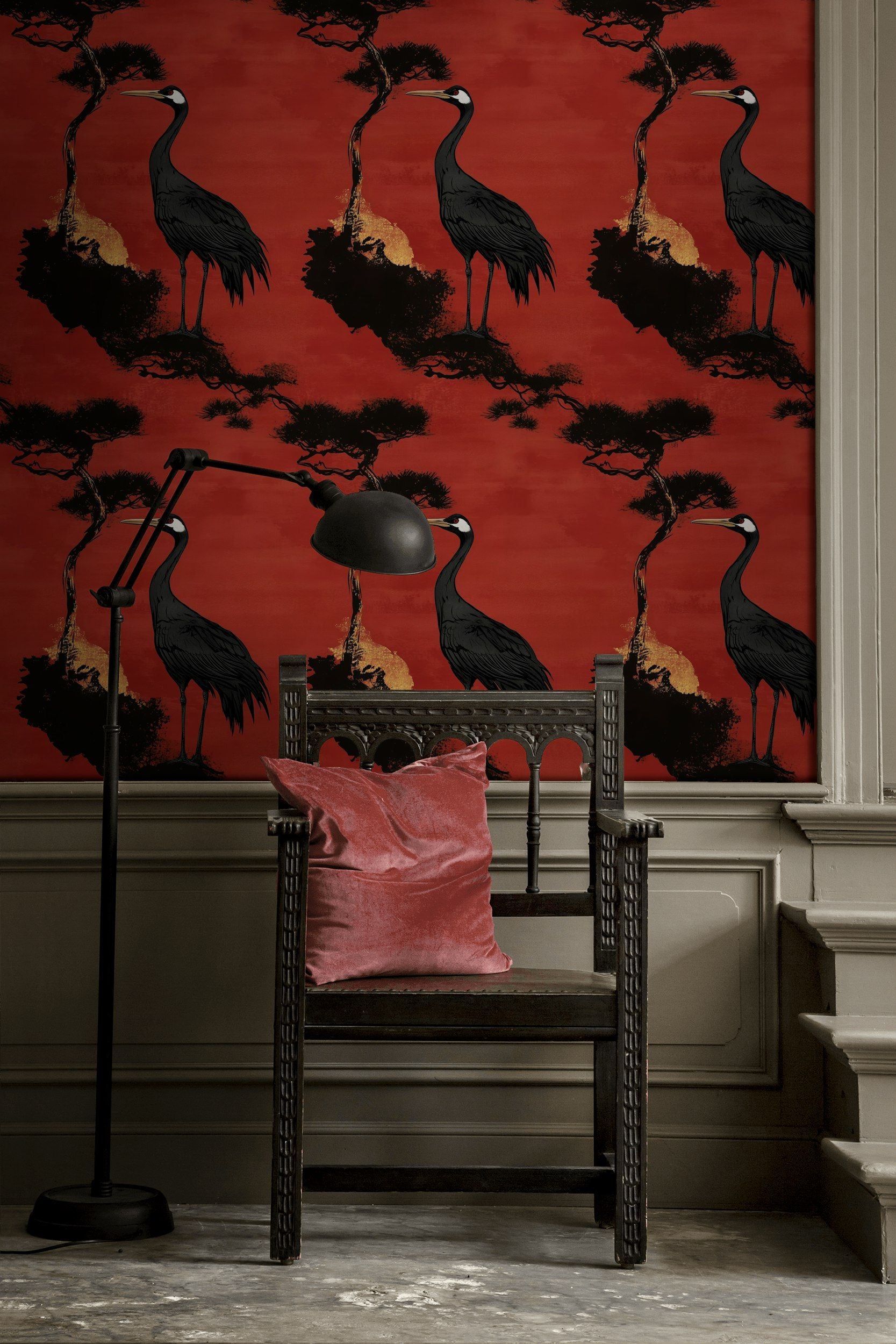 Rich Crimson Crane and Tree Asian Wallpaper