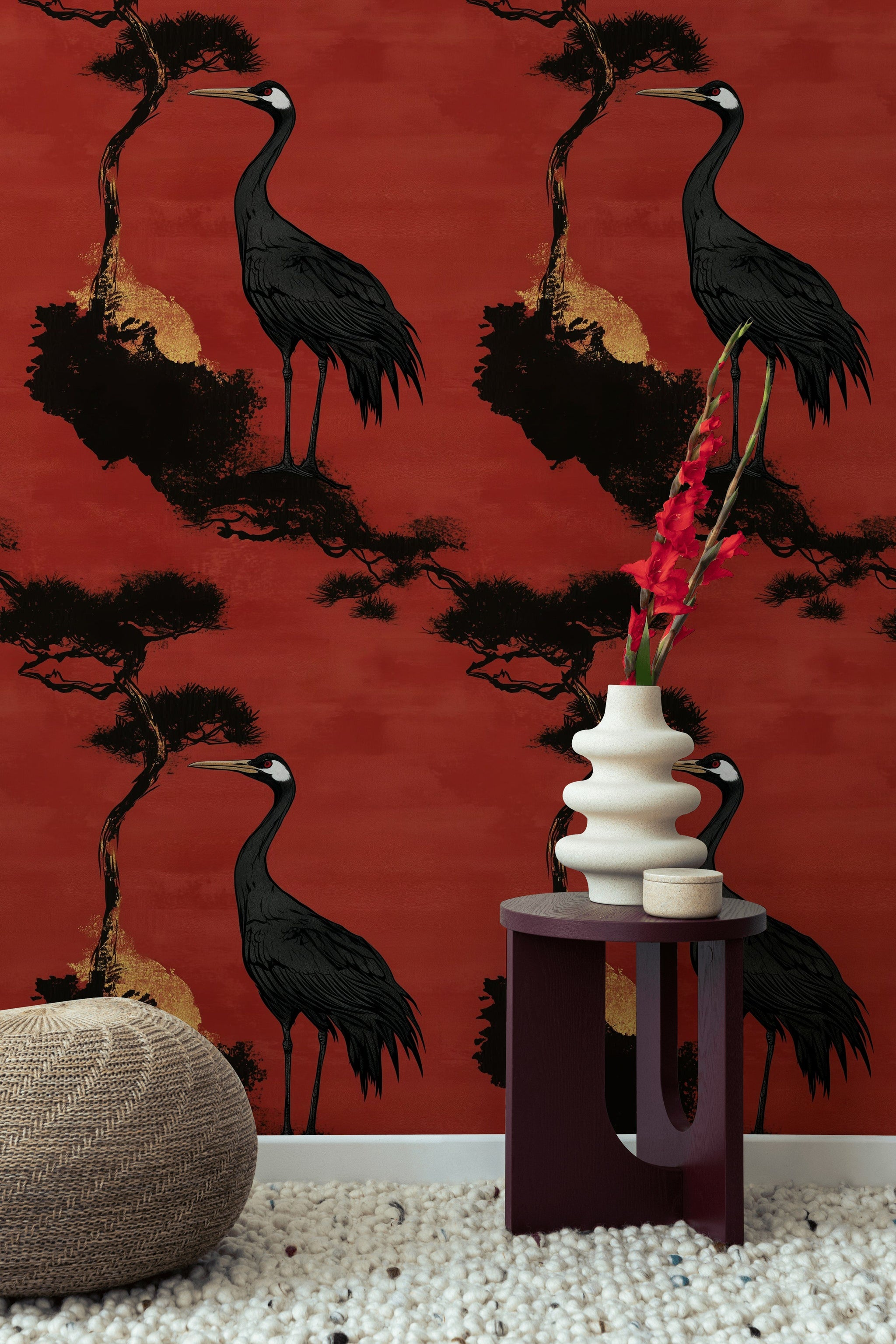 Rich Crimson Crane and Tree Asian Wallpaper