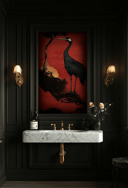 Rich Crimson Crane and Tree Asian Wallpaper