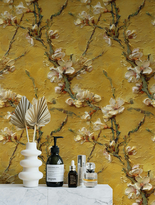 Golden Yellow Cherry Blossom Textured Floral Wallpaper