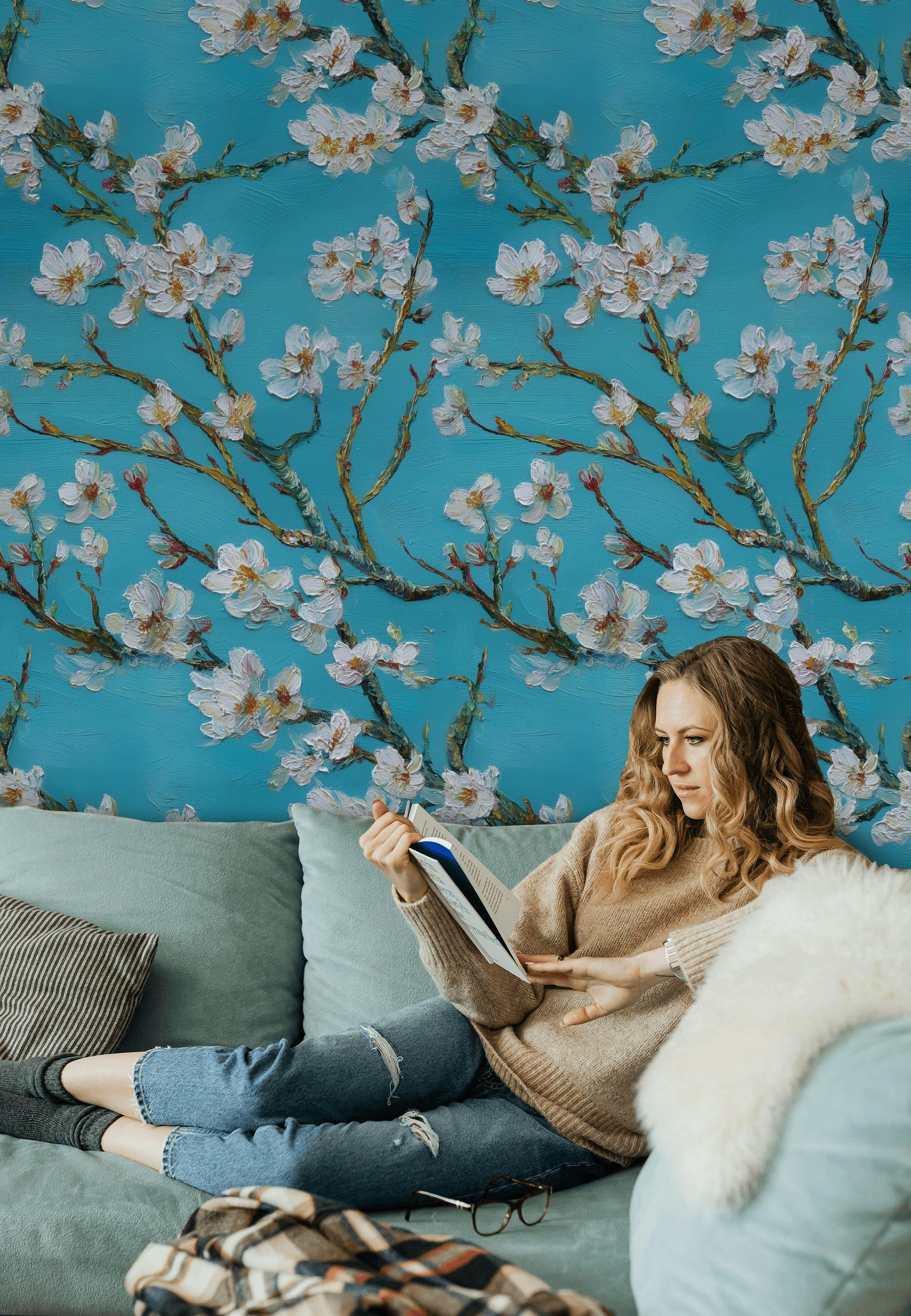 Teal and White Cherry Blossom Floral Wallpaper