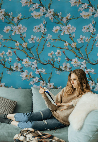 Teal and White Cherry Blossom Floral Wallpaper