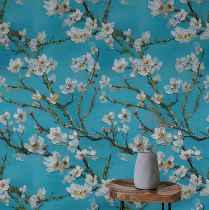Teal and White Cherry Blossom Floral Wallpaper