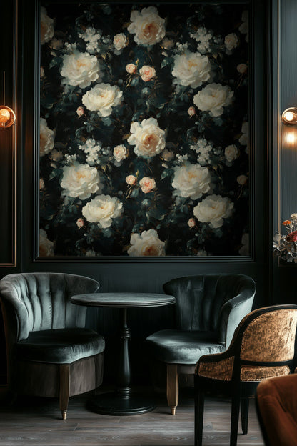 Ivory Rose Blooms on Deep Charcoal Floral Wallpaper