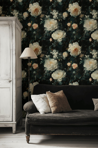 Ivory Rose Blooms on Deep Charcoal Floral Wallpaper