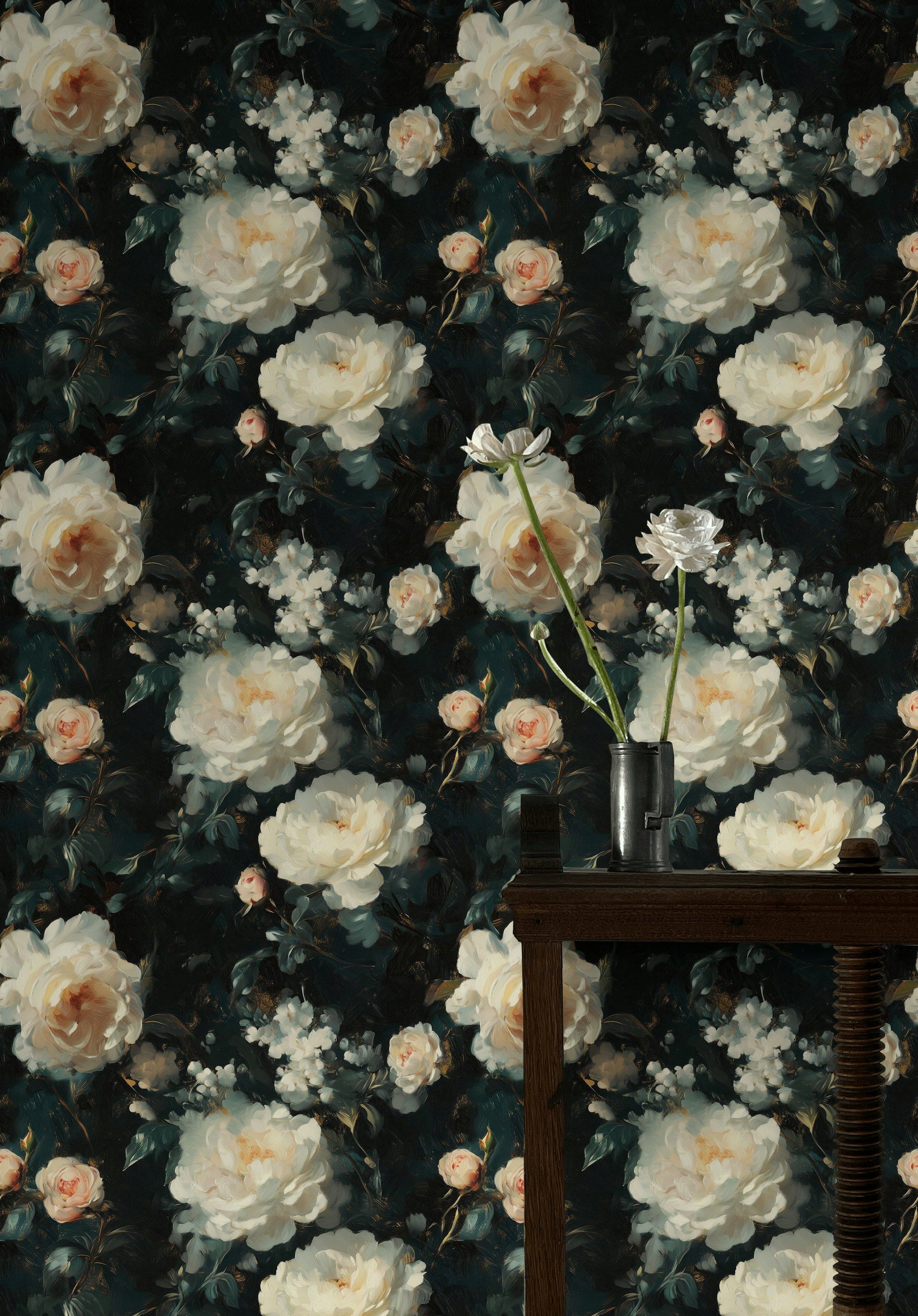 Ivory Rose Blooms on Deep Charcoal Floral Wallpaper