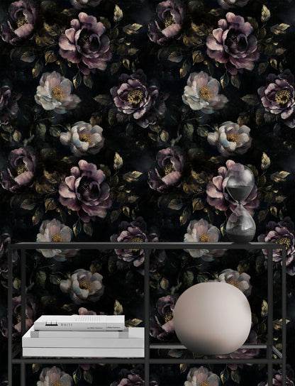 Deep Plum and Black Large Floral Wallpaper