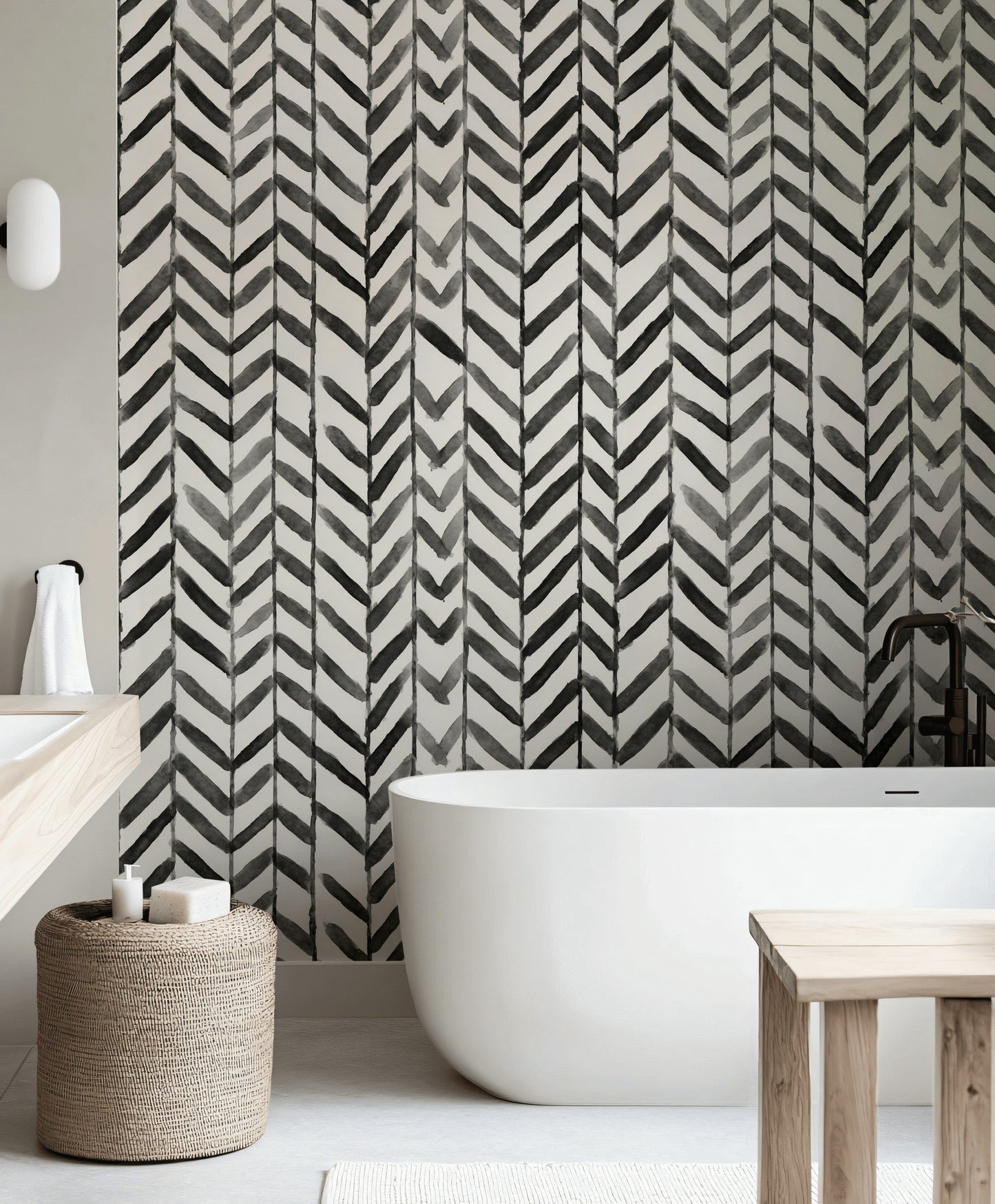 Boho Chevron Wallpaper Hand-Painted Black White Wall Mural