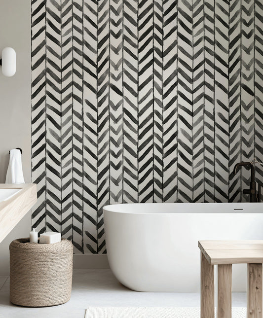 Boho Chevron Wallpaper Hand-Painted Black White Wall Mural