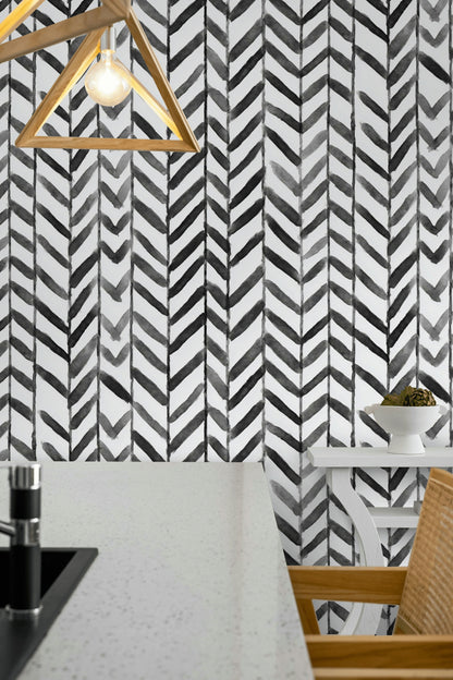 Monochrome Herringbone Geometric Wallpaper