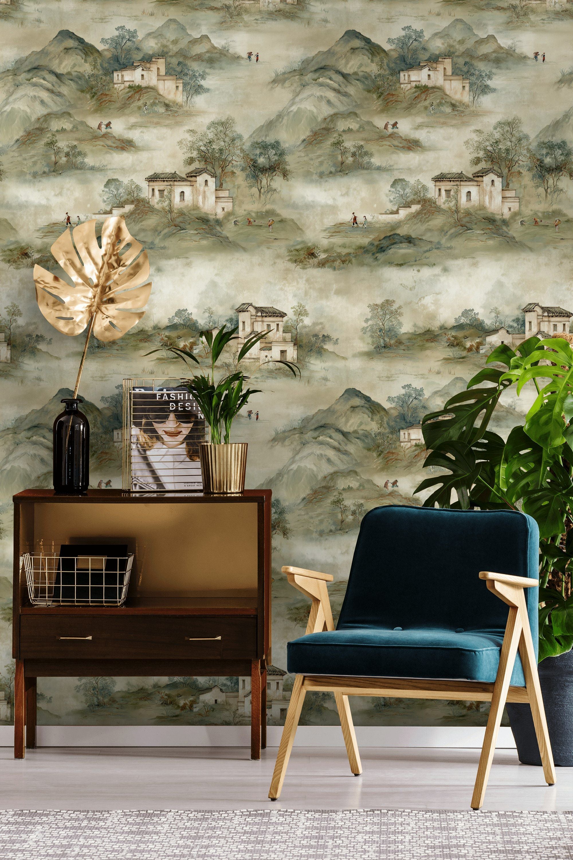 Beige Pastoral Landscape Wallpaper