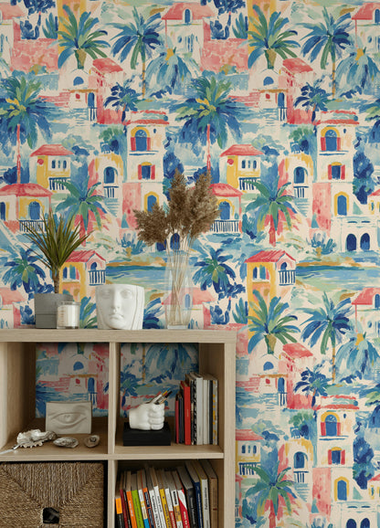 Multicolor Mediterranean Village Tropical Wallpaper