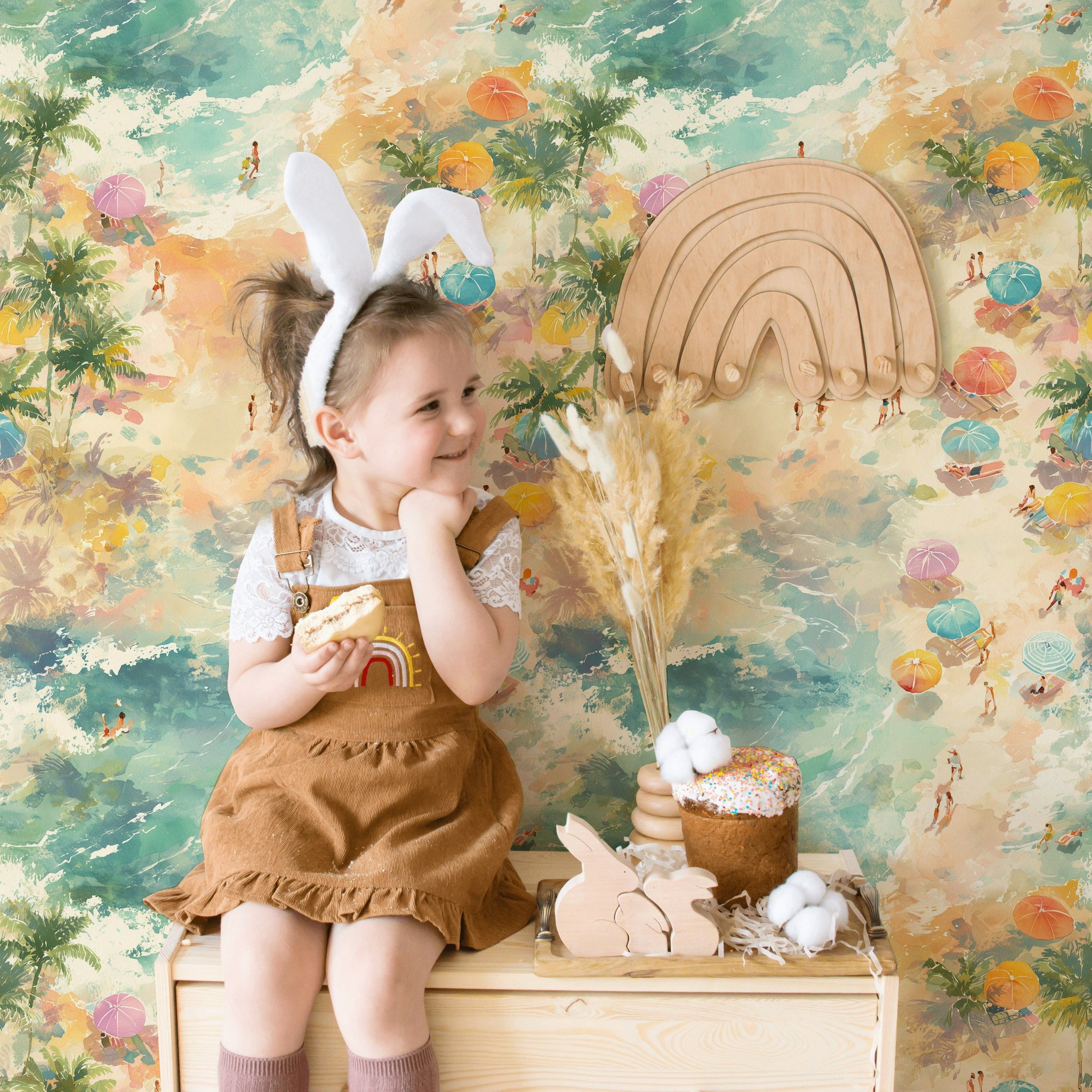 Multicolor Beach Scene Watercolor Wallpaper