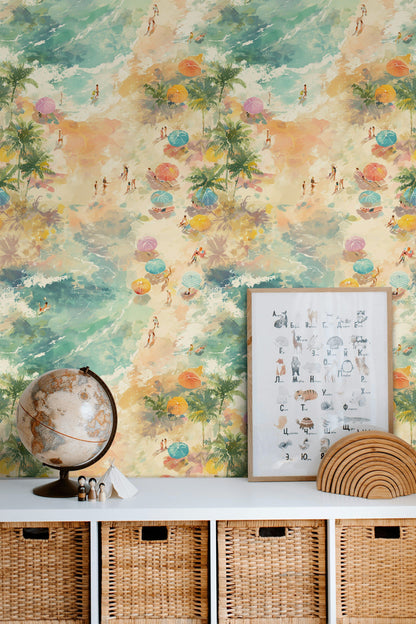 Multicolor Beach Scene Watercolor Wallpaper