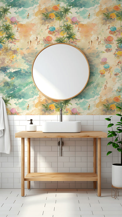 Multicolor Beach Scene Watercolor Wallpaper