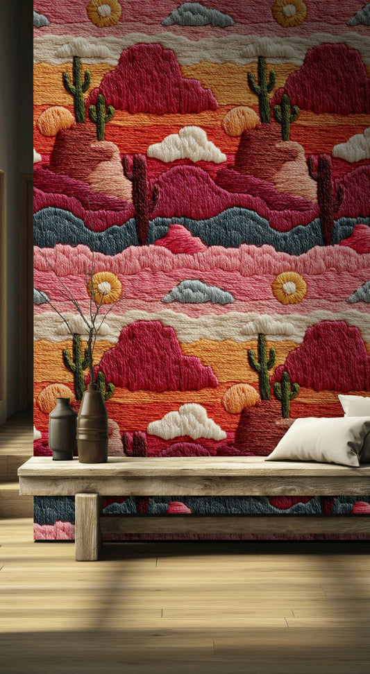 Desert Sunset Wallpaper Colorful Cactus Wall Decor