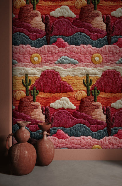 Vibrant Desert Landscape Embroidered Wallpaper