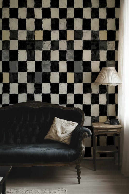 Modern Checkerboard Wallpaper Brushed Black & White Wall Art