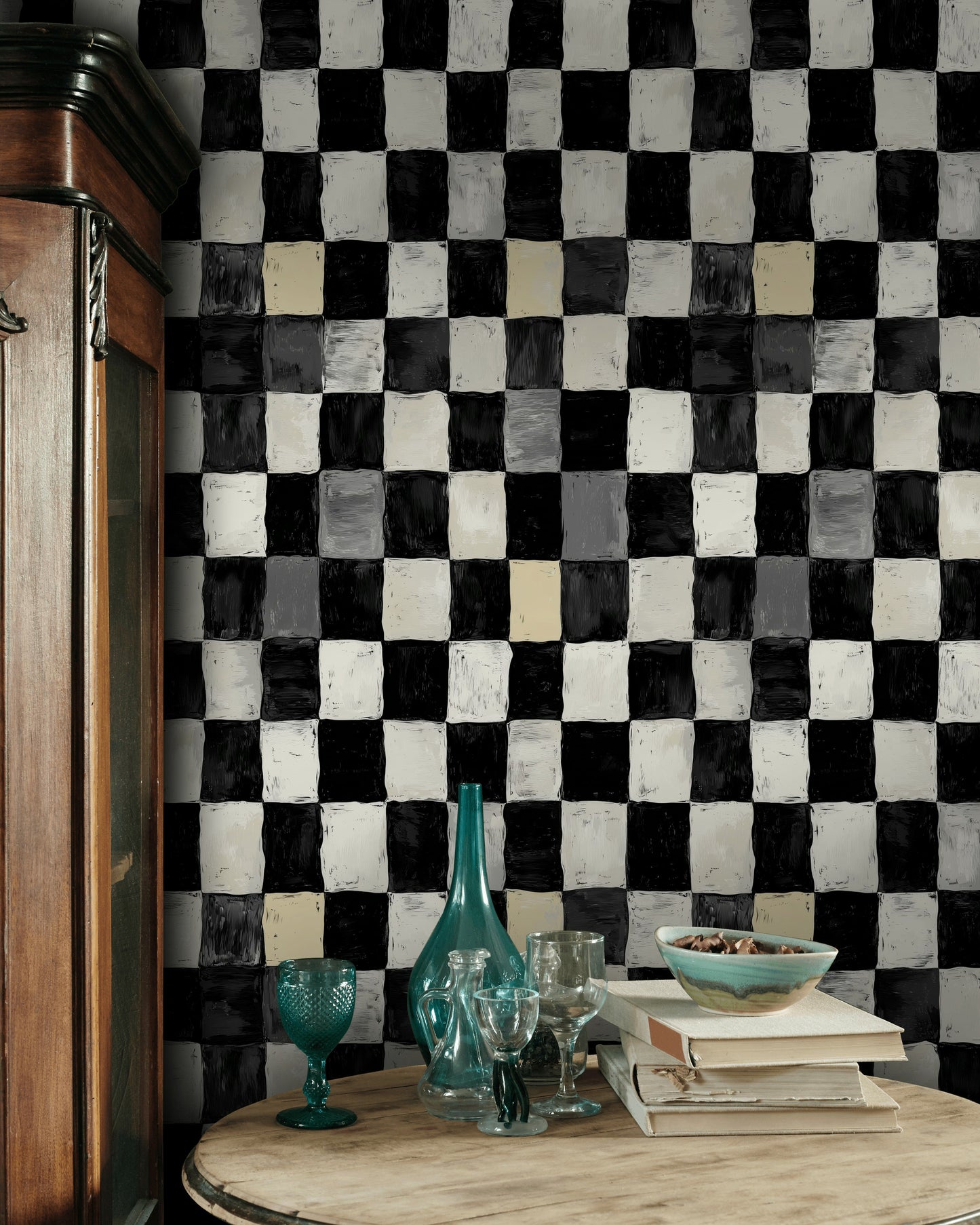 Modern Checkerboard Wallpaper Brushed Black & White Wall Art