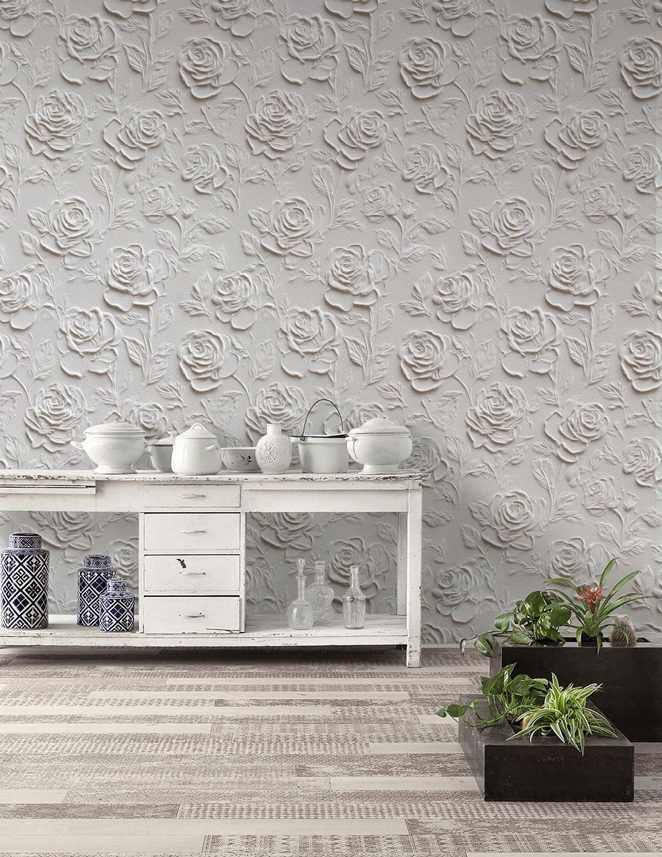Textured Floral Wallpaper Ivory Rose Relief