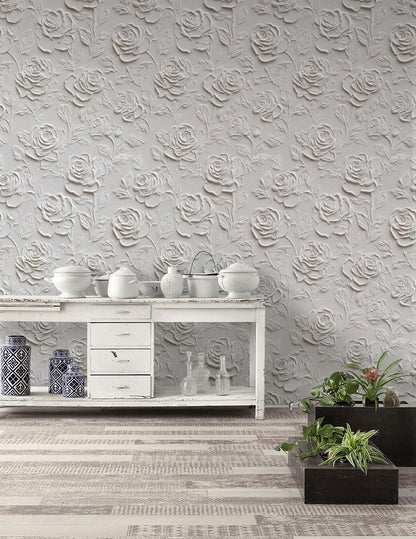 Cream Textured Rose Floral Wallpaper