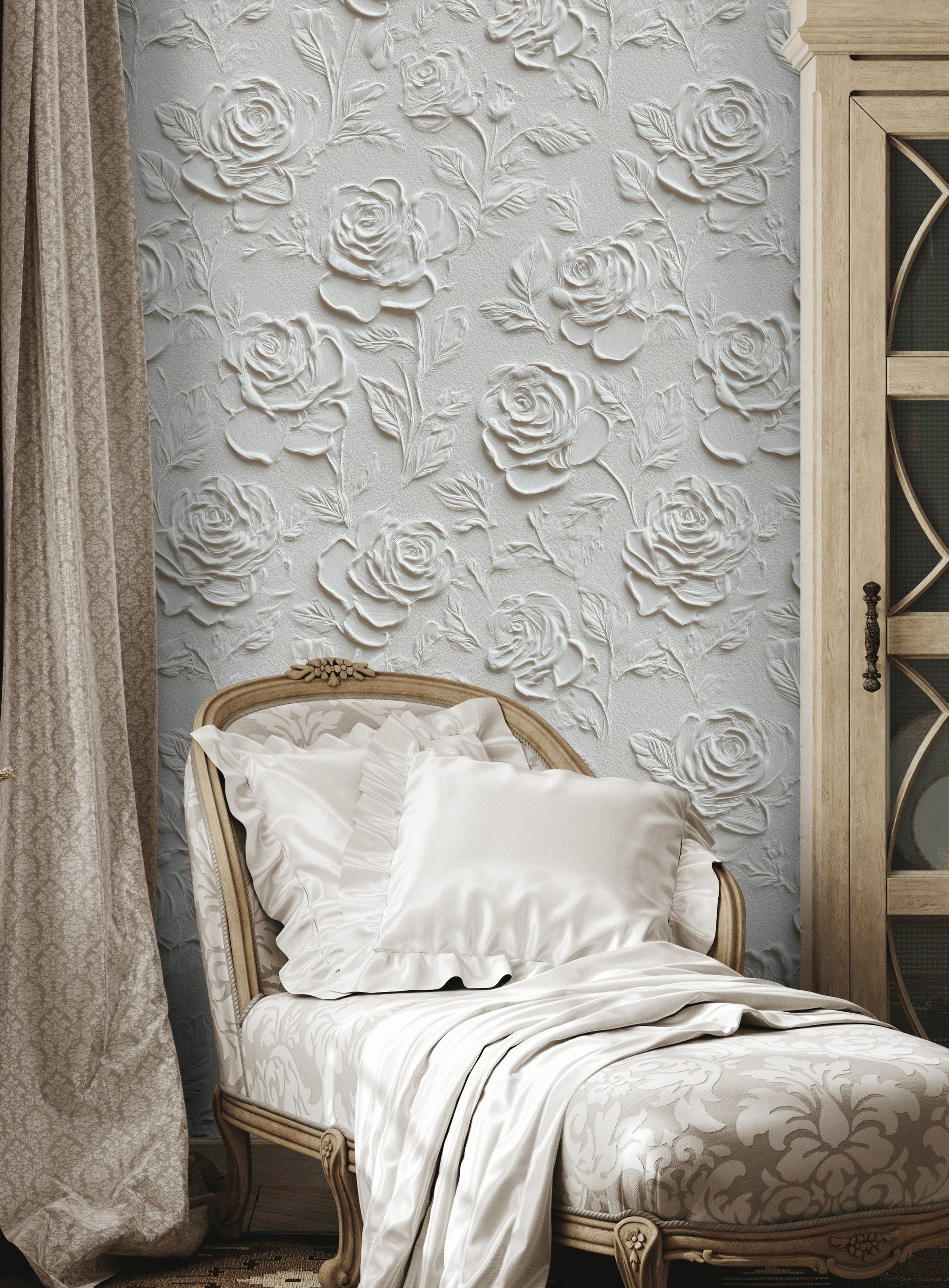 Cream Textured Rose Floral Wallpaper